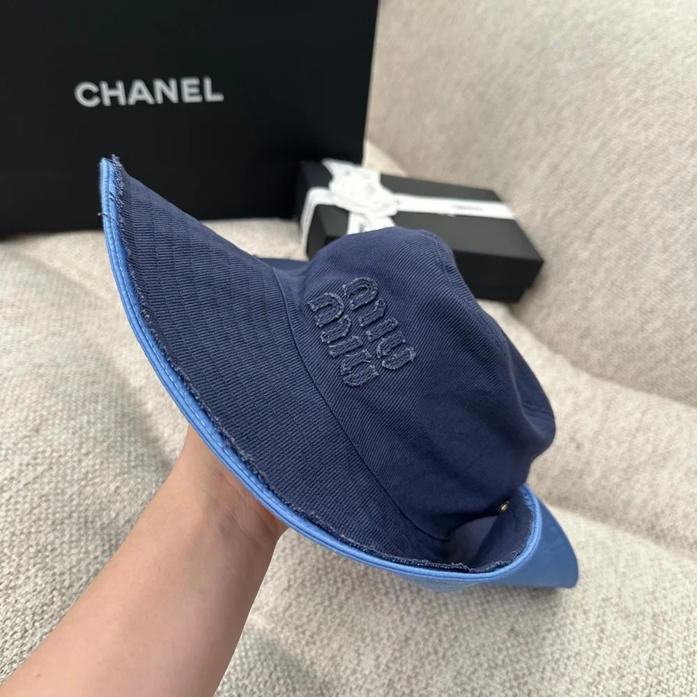 Miu Miu Navy Blue Embroidered Wide Brim Bucket Hat